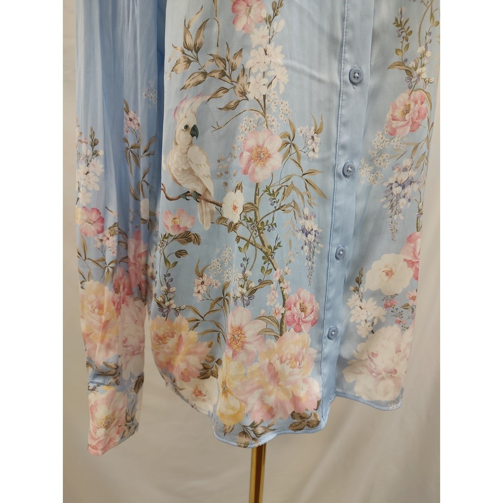 Rachel Zoe Blouse Button Up Shirt Silky Blue Lavish Floral Parrot Glam Print S - Picture 3 of 7
